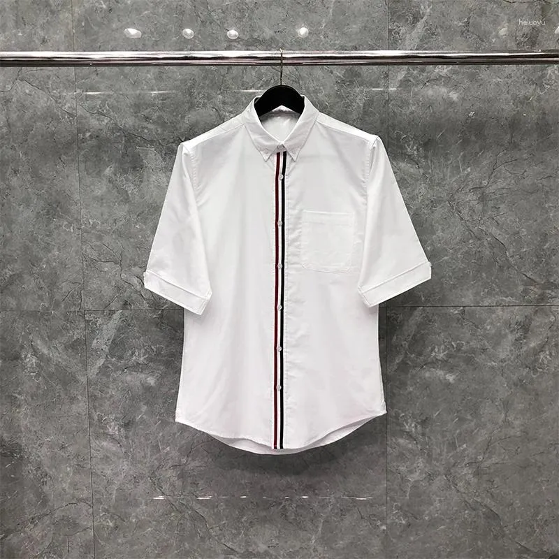 Men's Casual Shirts Luxury Stretch Oxford Stripe Button Down Shirt Slim White Short Sleeve Middle Cotton Summer Clothing