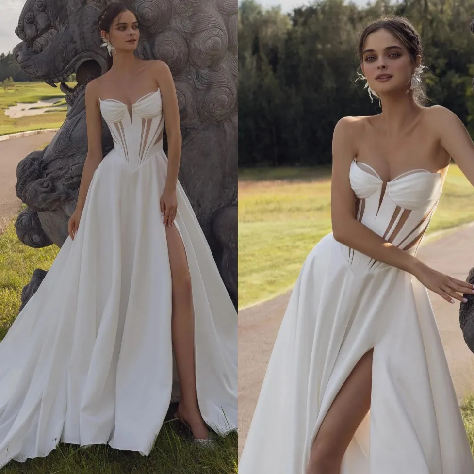 Modern Satin Off The Shoulder Wedding Dress With Pockets Pleats Bride Dress Side Split Sweep Train Bridal Growns