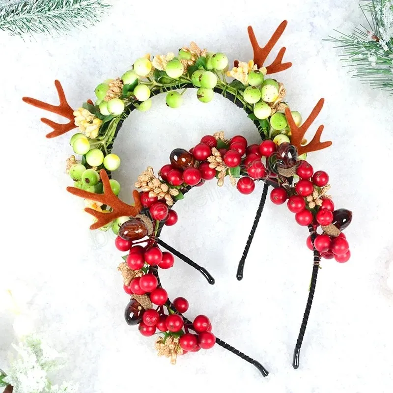 Christmas Elk Antlers Headbands for Adult Children Simulation Berry Headdress Hairband New Year Gift Hair Accessories