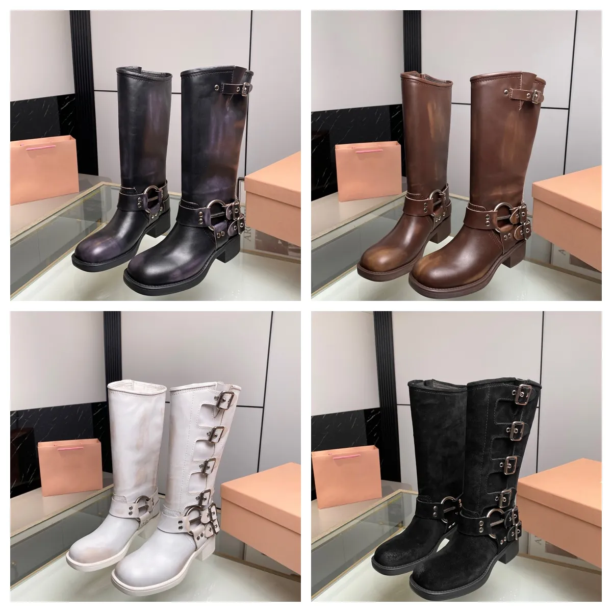 Boots Boot Bootes Chaussures Martin Knee Designer Femmes Men Miui Chunky Comfort Harness Bailledled Cow Hide Le cuir Biker Zip Knight Knight Square Toe Ankle Brown Brown White