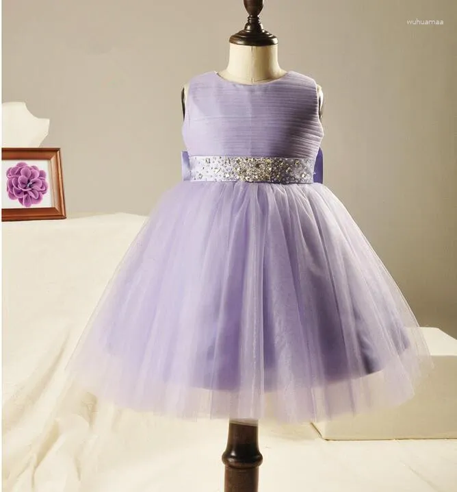 Robes de mariée élégantes pour filles de 2 à 12 ans, en Tulle, à gros nœud, à la mode, de grande qualité, avec perles et diamants Violets, princesse de fête