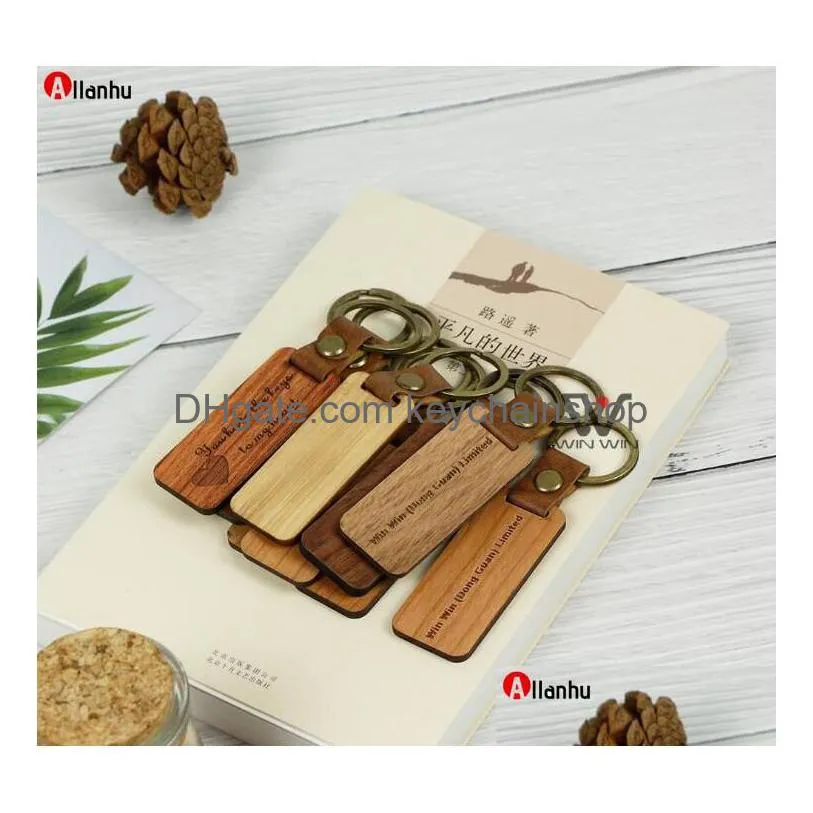 Custom Logo Personalized Leather Keychain Pendant Beech Wood Carving Keychains Lage Decoration Key Ring Diy Thanksgiving Day Gift Drop Dhdsz