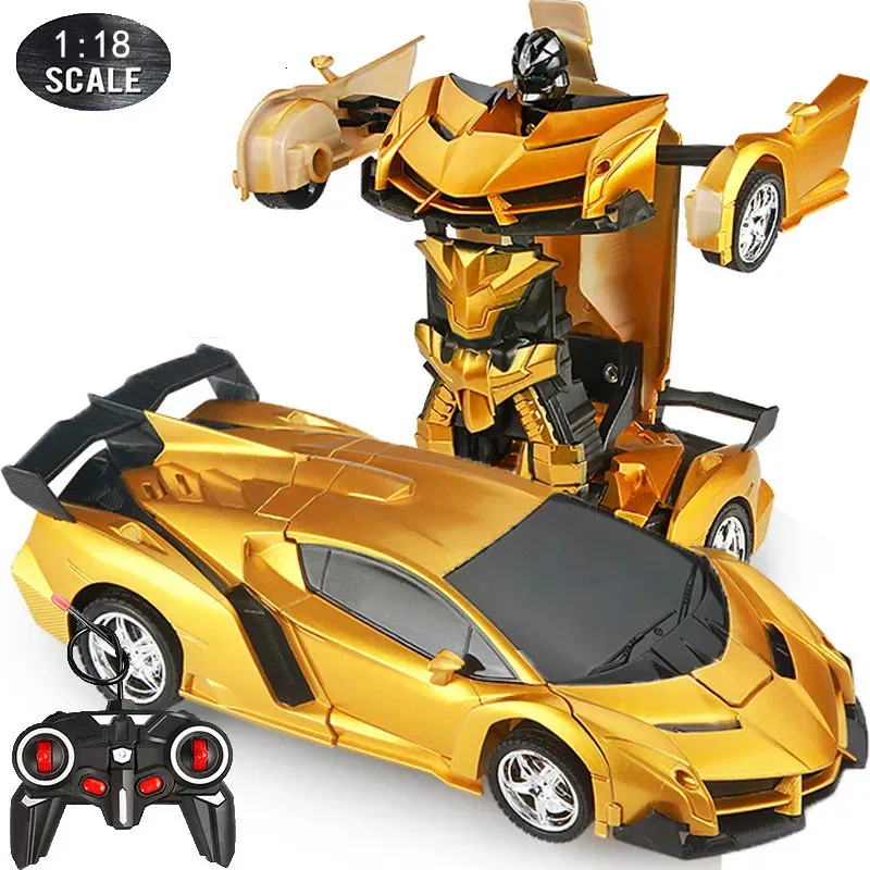 Electric RC Car 1 18 24 cm RC 2 w 1 transformacyjny roboty sportowe pojazd jazdy Jeden kluczowy deformacja Zabawka zdalnego sterowania dla chłopców F04 231027