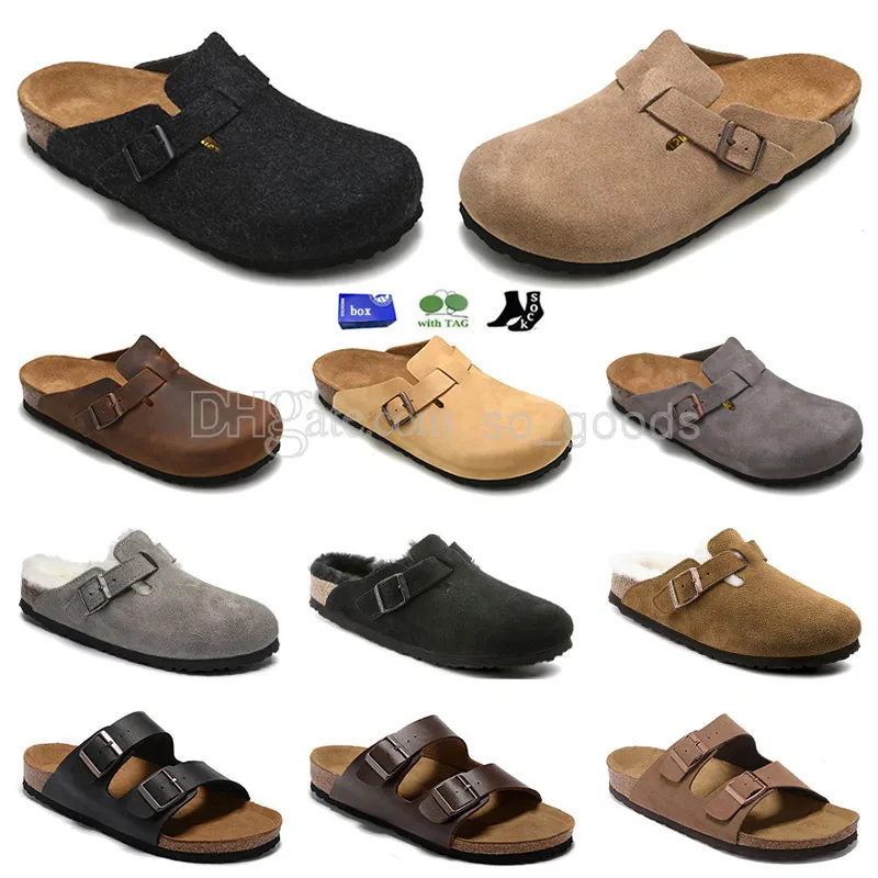 Designer Boston Cogs Sandals tofflor Arizona Mayari Shearling Mules Cork Flat Fashion Suede Summer Leather Slide Favorite Beach Casual Shoes Women Men Men