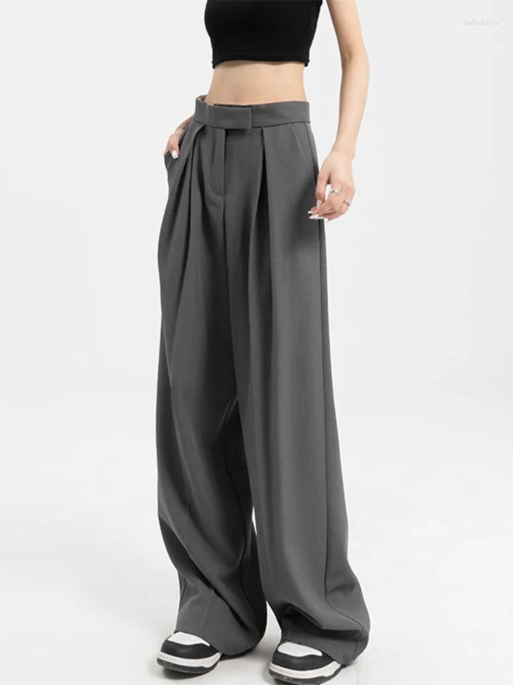 Damenhosen 2023 Sommer Hohe Taille Lose Grau Breites Bein Frauen Weibliche Bodenlange Baggy Büro Damenanzüge Vintage Lange Hose