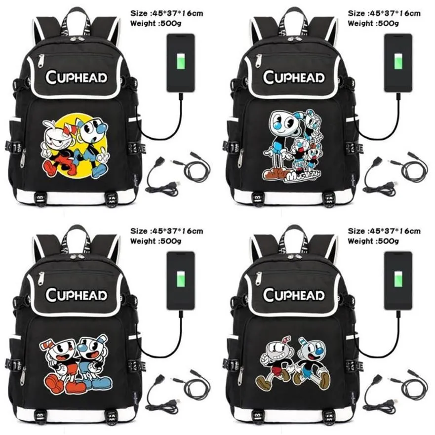 Backpack Game Cuphead Mugman Canvas Packsack Teenagers Zip Schoolbag Unisex USB Charging Shoulders Travel Laptop Bag Cartoon249W