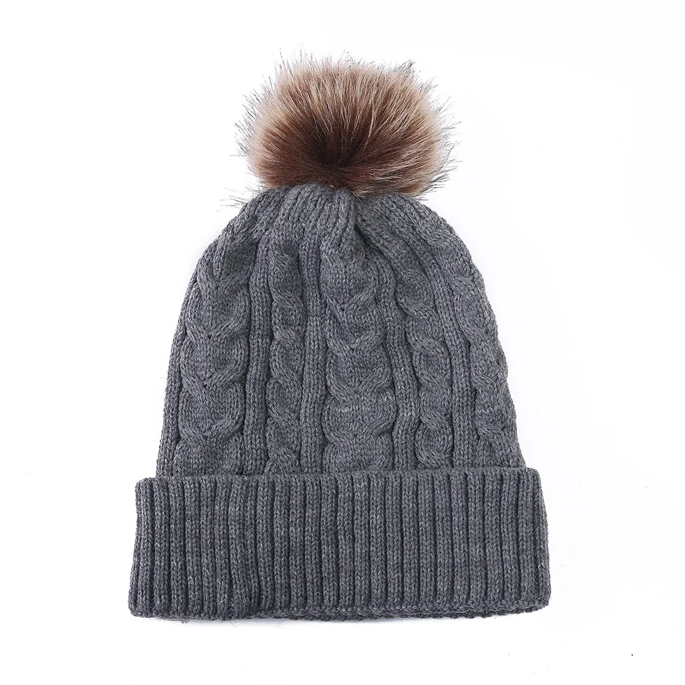 Wholesale Custom Logo Knit Bobble For Women Cable Rib Faux Fur Pom Pom Beanie Hat With Pompom DF299