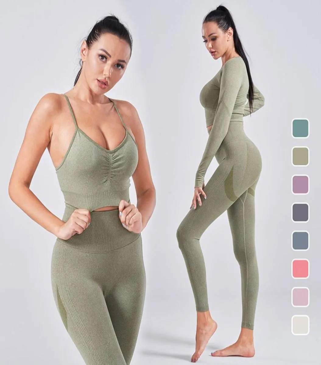 Mulheres roupas de yoga sem costura conjuntos de yoga cintura alta treinamento correndo leggings camisas de manga longa fitness wear sutiã esportivo treino clot3984684