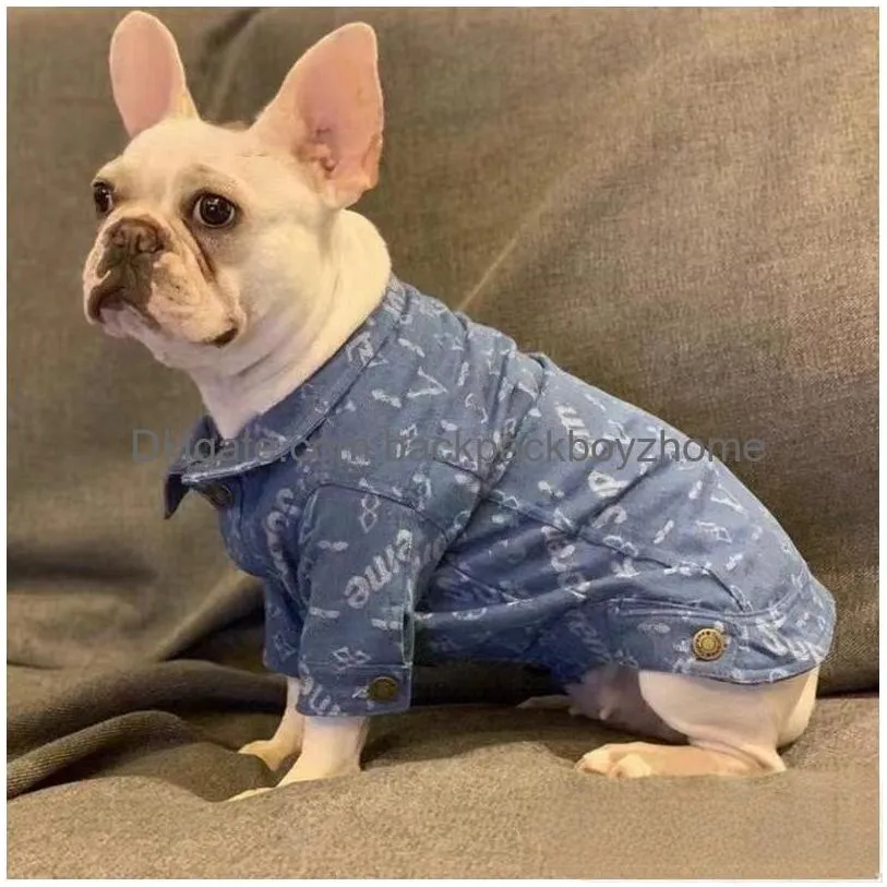 Designer Dog Clothes Luxury Jean Jacket With Classic Letters Old Flower Pattern Blue Puppy Denim Coat Comfort And Cool Apparel For Fre Dhf3X