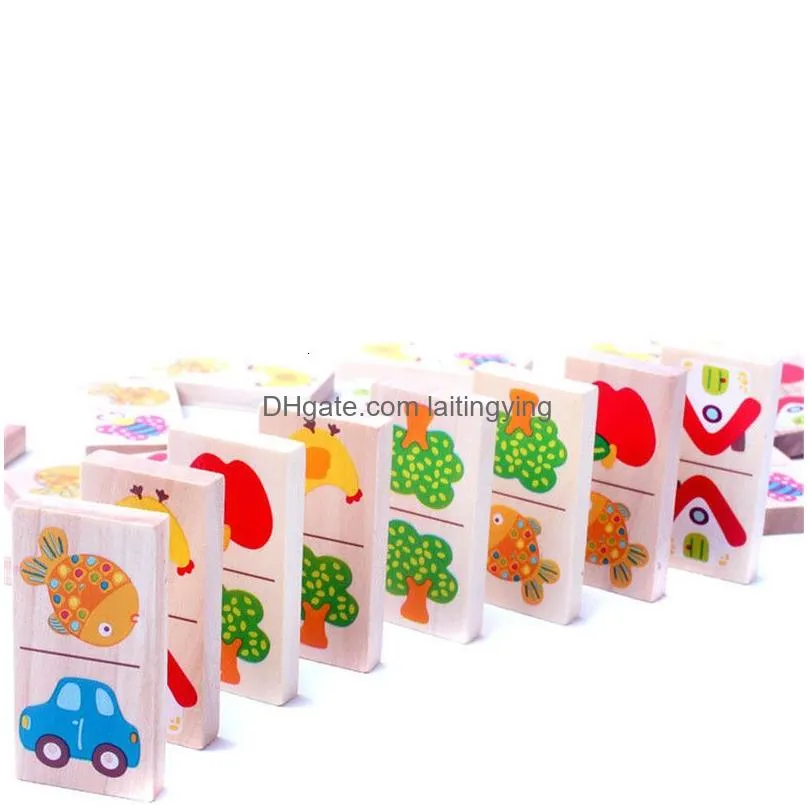 blocks 28pcs wooden fruit animal recognize dominoes games jigsaw montessori children learning education puzzle baby toy 230516