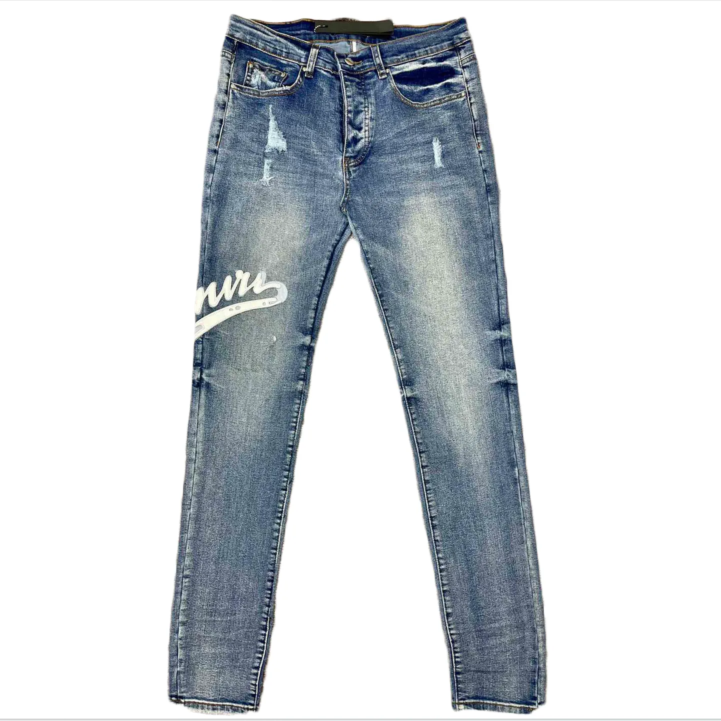 Klassisk tryckt broderi amirlies designer mens jeans motorcykel hål svart denim herrmode gata slitage designer byxor grossist mäns nödställda byxor