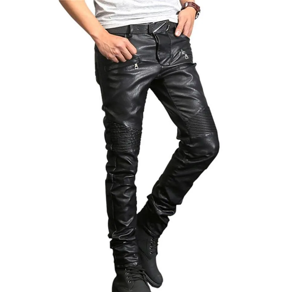 Mens Ripped Moto Pants Ribbed Skinny Black PU Leather Biker Slim Trousers Pencil Size 28-40 France Style274e