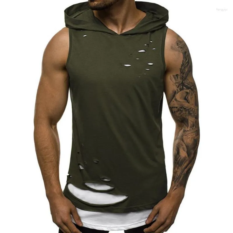 Camisetas sin mangas para hombre, camiseta sin mangas de verano 2023 para hombre, camiseta sin mangas lisa con estilo de doble capa, chaleco sin mangas rasgado, ropa de calle deportiva, sudadera con capucha