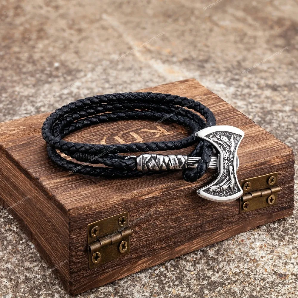 Norse Hatchet Multi-Layer Leather Armband Män Rostfritt stål Vikingar Axe armband Raven Amulet Självförsvar Handgjorda smycken Fashion Jewelrybracelets