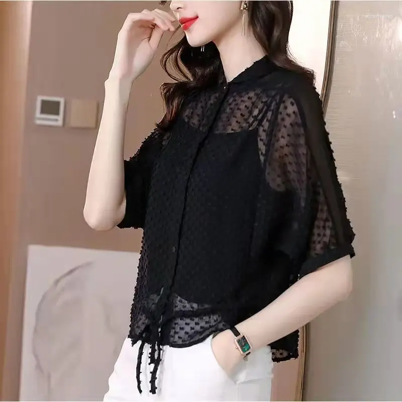 Blouses Femmes Mode Lâche Gaze Chemise Femmes Camisole Deux Pièces Ensemble Printemps Été Demi Manches Vintage Noir Cardigan Élégant