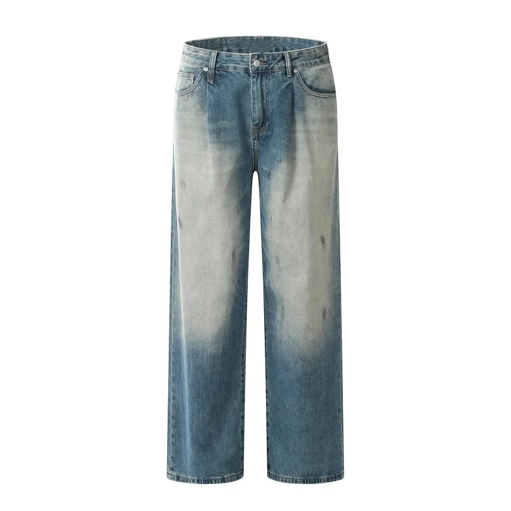 Streetwear Washed Retro Bleached Jeans Man Full Length Loose Straight Denim Wide Leg Pants Four Seasons