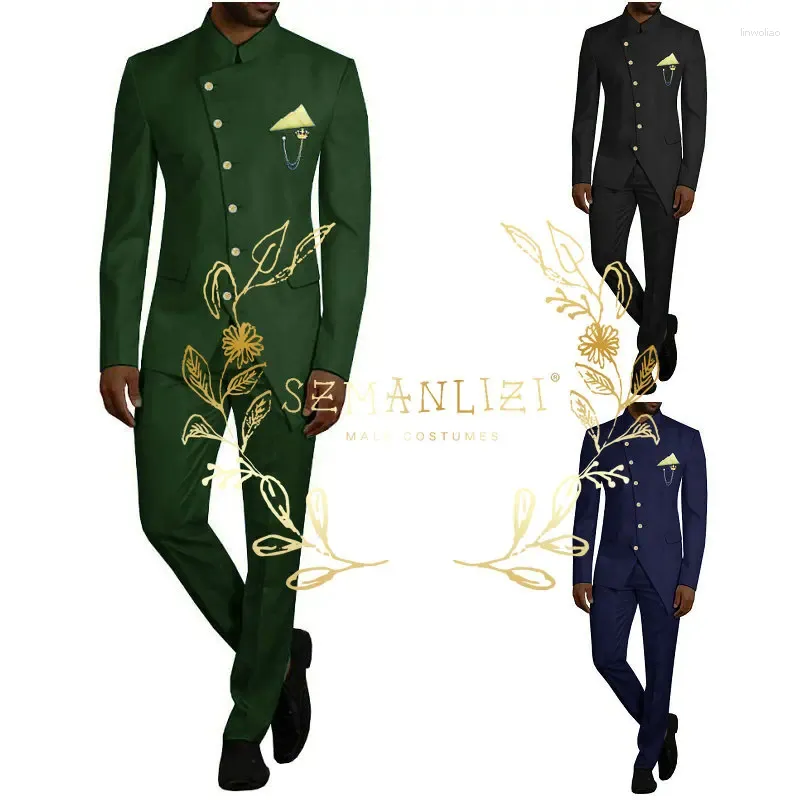 Men's Suits Dark Green Stand Collar Suit Slim Fit Style Wedding Party Tuxedos Formal Groom's 2 Piece Sets Blazer Pants Outfits