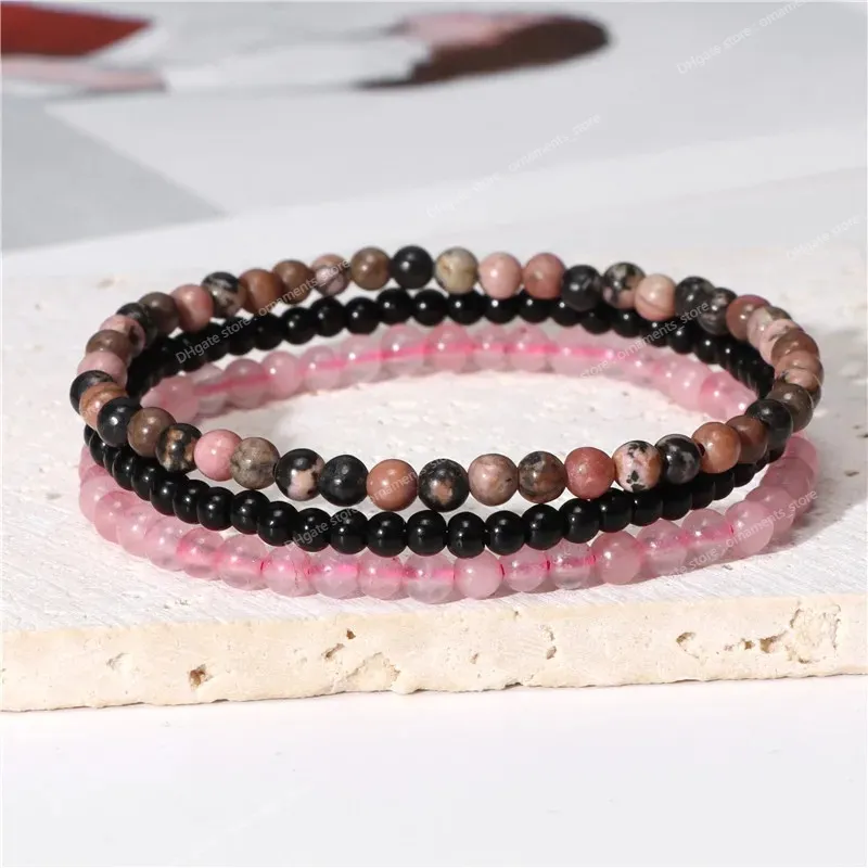 3Pcs/set Natural Stone 4mm Beads Bracelet Set Pink Quartzs Amethysts Agates Tiger Eye Hematite Bracelets For Women Men Jewelry Fashion JewelryBracelets