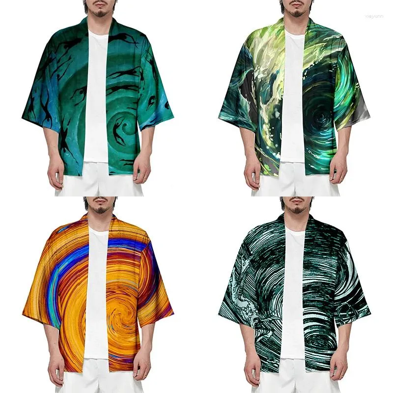 Etniska kläder tredimensionella virveldräkt 3D-tryck Kimono-skjorta män sju poäng ärm toppar dagliga coola kofta jackor