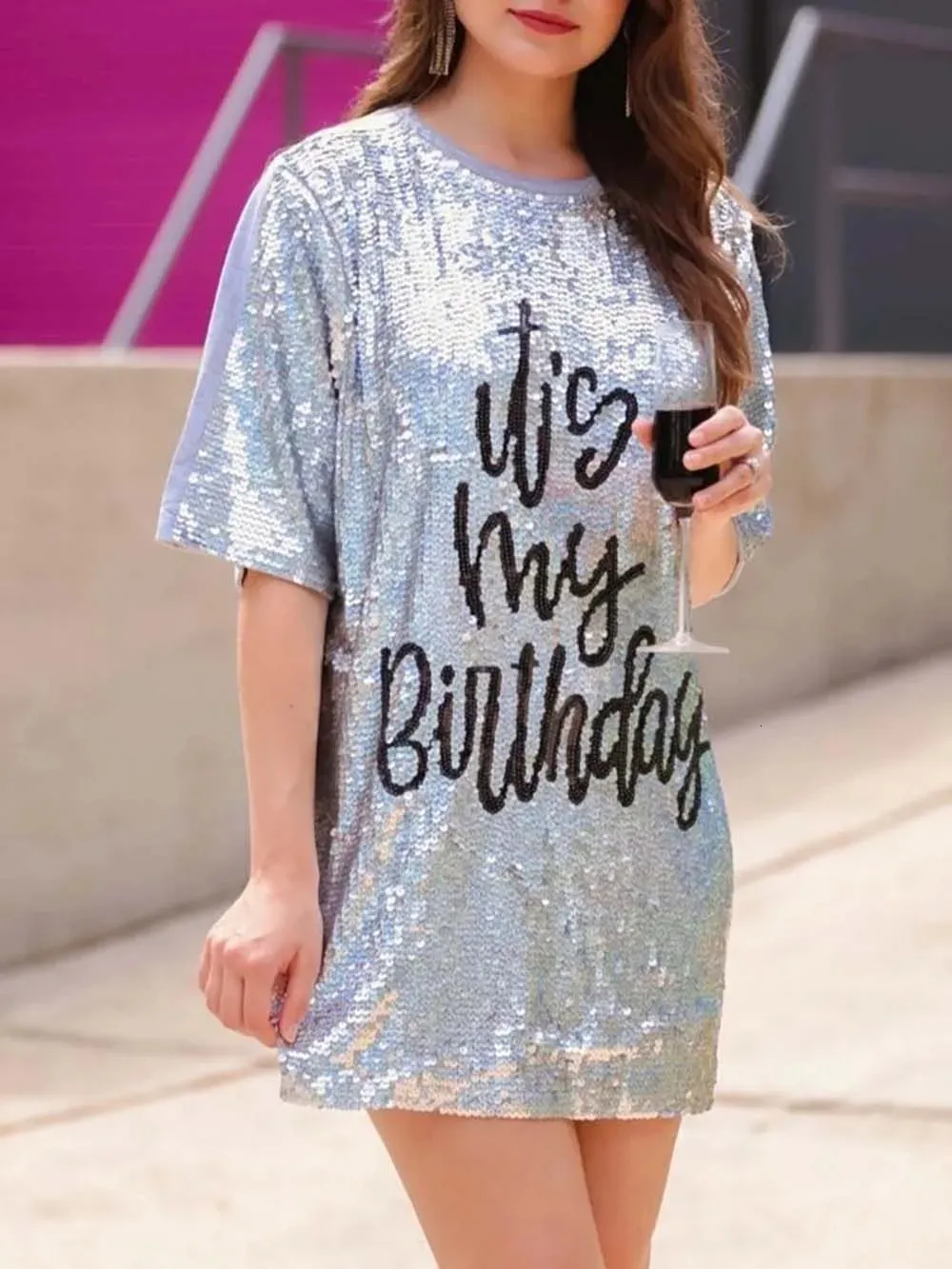 open lace back dress It's My Birthday Sequin T-Shirt Party Dress