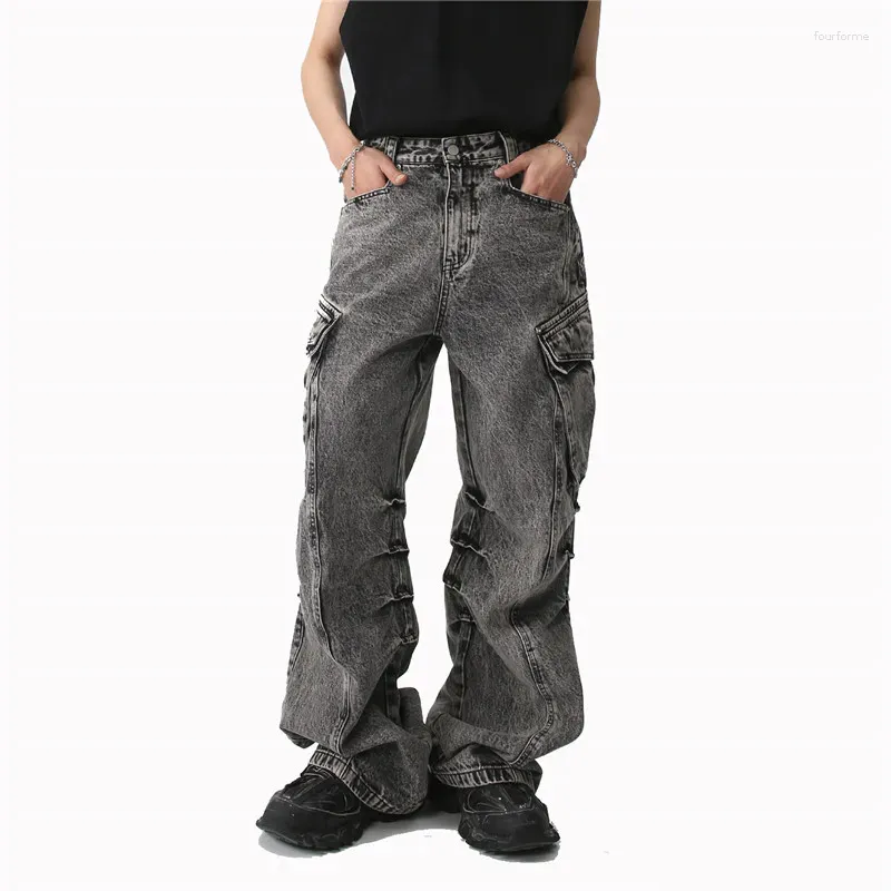 Mäns jeans mode hi street hip hop last y2k stora denim byxor med stora fickor löst fit harajuku byxor hög midja