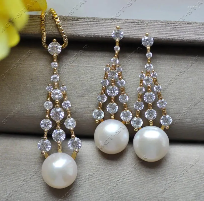 Boucles d'oreilles pendantes Z12856, ensemble de 10mm, perles d'eau douce rondes blanches, pendentif en CZ