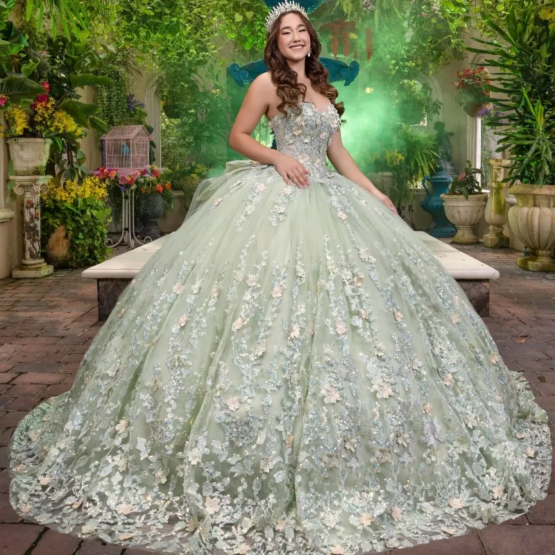 Sage Green Shiny Quinceanera Dresses Applique Flower Ball Gown 생일 파티 드레스 레이스 업 졸업식 가운 연인 DE 15 anos