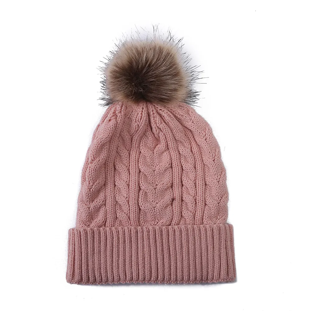 Wholesale Custom Logo Knit Bobble For Women Cable Rib Faux Fur Pom Pom Beanie Hat With Pompom DF299