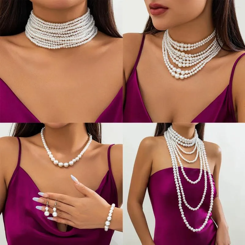 Choker Multi Lagen Witte Imitatie Parelketting Voor Vrouwen Kraal Maxi Chain Kerstfeest Sieraden