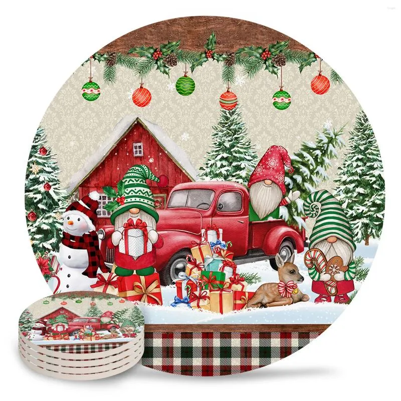 Tapis de Table ferme noël Elk bonhomme de neige camion Gnome ensemble de sous-verres en céramique napperons antidérapants café boisson tasse tapis décor à la maison