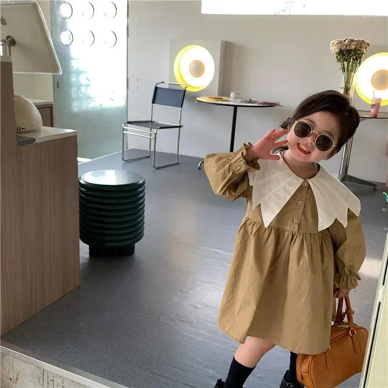 Girl Dresses Dress Kids Baby Party Evening Gown 2023 Khaki Spring Autumn Cotton Flower Uniform Children Clothing