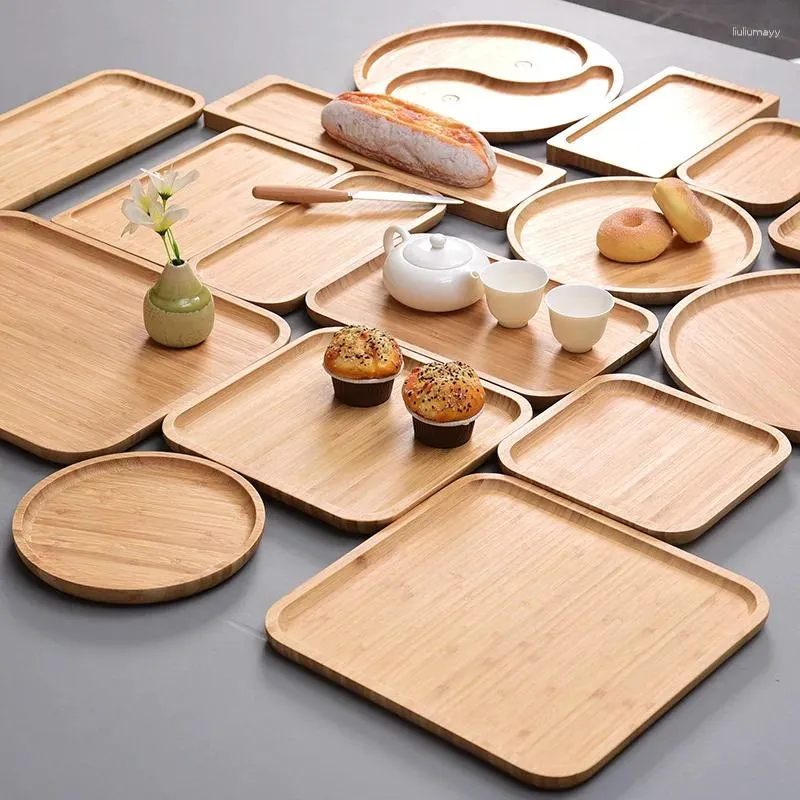 Lagerung Boxen Kreative Großhandel Hause Runde Quadratische Holz Geschirr Gummi Gerichte EL Abendessen Platten Obst Holz Tablett