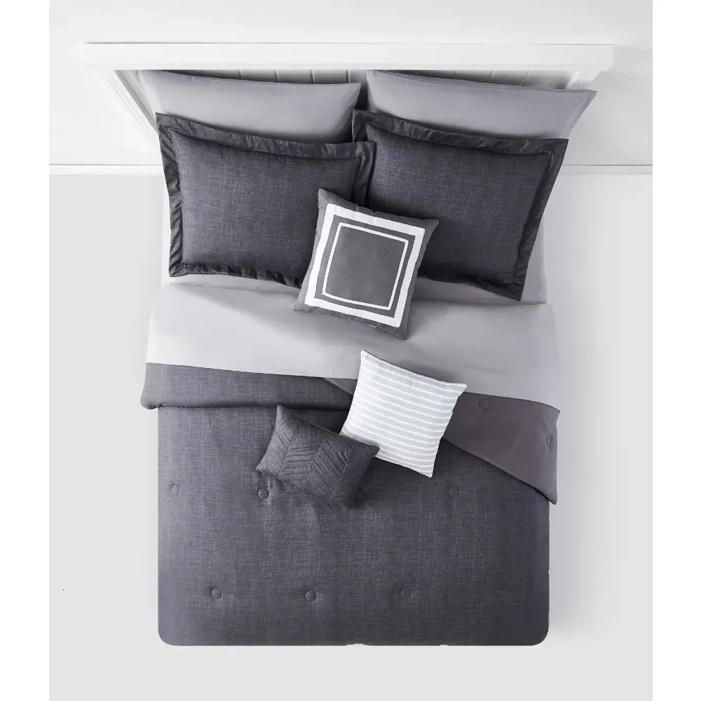 Bettwäsche-Sets, graues 10-teiliges Bett-in-a-Bag-Bettdeckenset mit Laken, Queen-Size-Bett, 231027