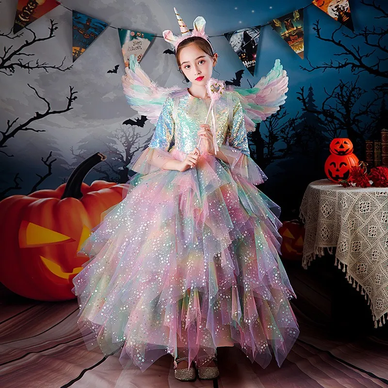 Halloween Princess Dresses Rainbow Organza Ball Gown Tiered Ruffle