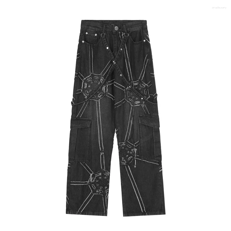 Men's Jeans High Street European America Style Man Patchwork Spliced Web Bleached Straight Full Length Loose Wide Leg Denim Pants