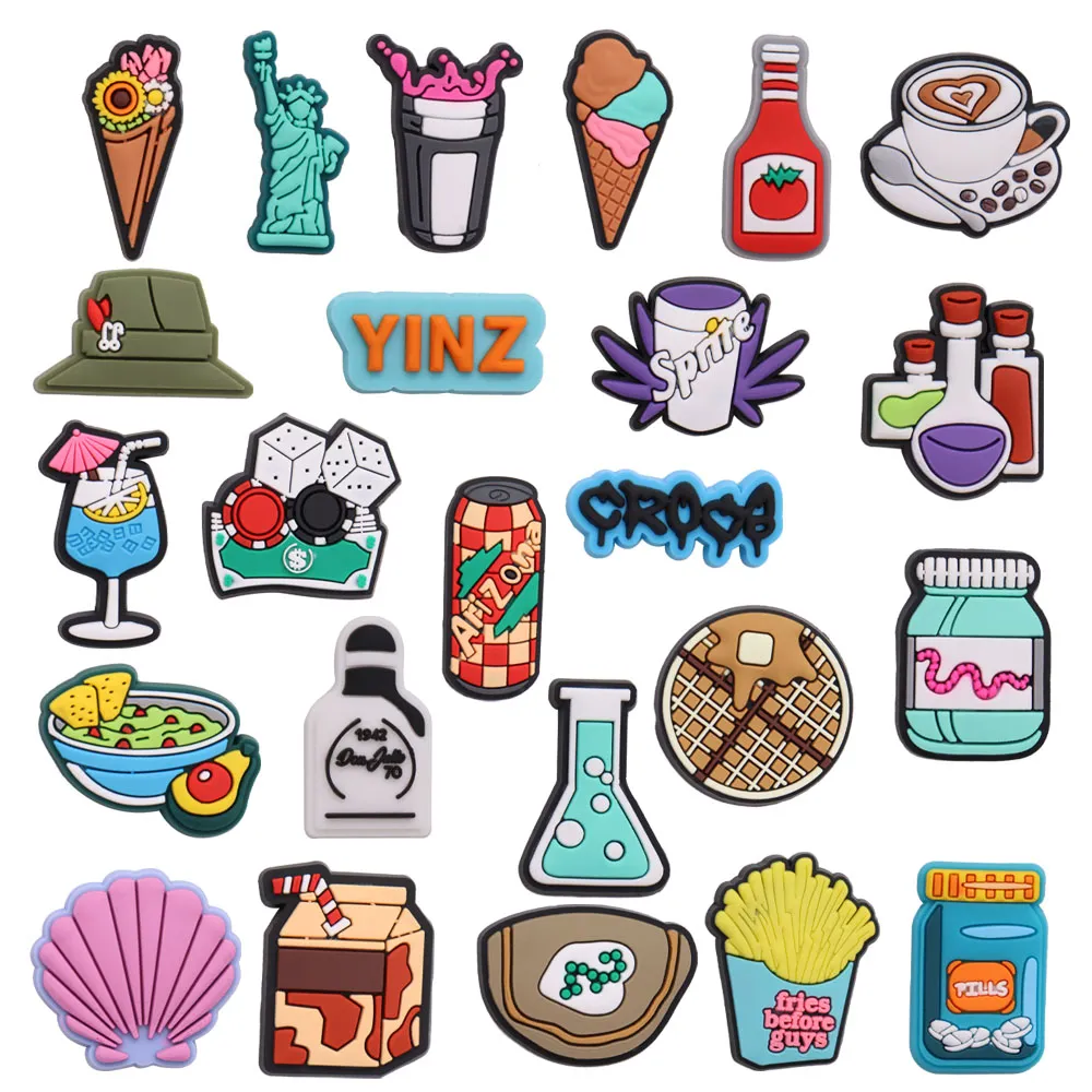 MOQ 20st PVC Ice Cream Coffee Hat Drink Staty of Liberty Shoe Charm Accessories Decoraiton Buckle Decorations For Bands Armband