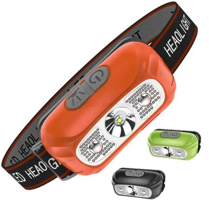 Sensore potente Lampada frontale a LED Ricarica USB 6 modalità luci rosse SOS Fari di emergenza Corsa esterna impermeabile Pesca campeggio ZZ