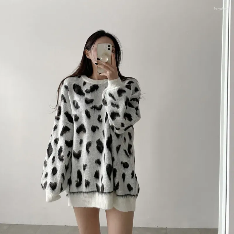 Suéteres femininos Coreia do Sul chique outono e inverno retro preguiçoso design sentido de pequeno solto leopardo impressão em torno do pescoço camisola mulher