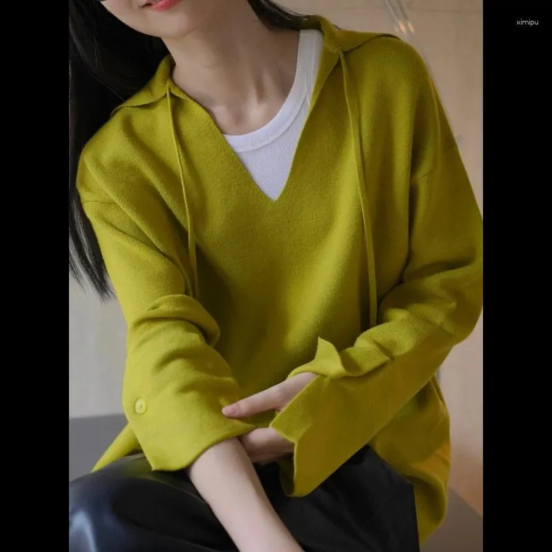 Suéteres femininos amarelo-verde em forma de v lapela mulheres coreanas 2023 outono pullovers preguiçoso viscose solto magro casual manga comprida tops de malha