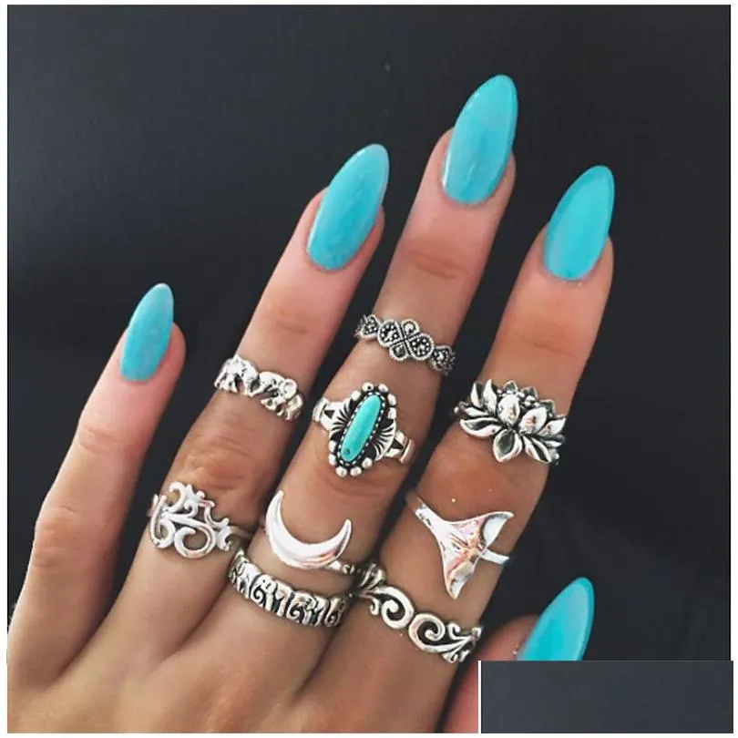 Bagues de bande 9 pièces ensemble de bague de dame personnalisée rétro Totem éléphant Turquoise Lotus queue de poisson motif commun bijoux de fête décontractés Dr Dhah6