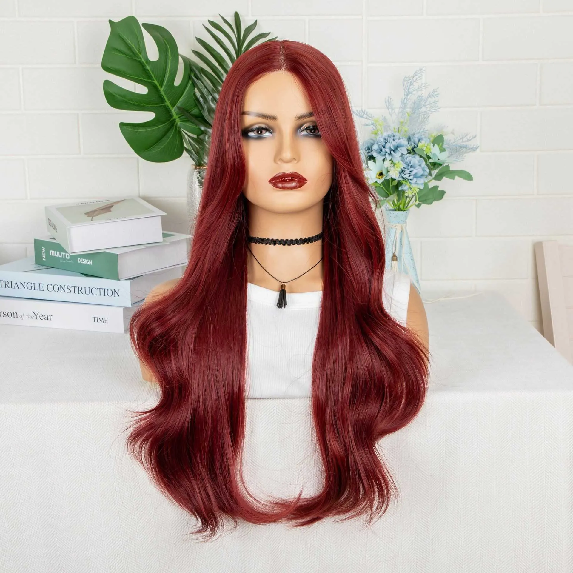 yielding Synthetic Wigs Lace wig for women with medium wine red long curly hair and large wavy curls