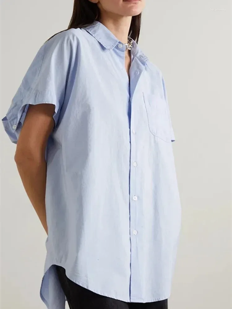 Damesblouses 2023 Zomer Dames Katoen Korte mouwen Blauwe blouse Mode Dames Single-Breasted Los overhemd en tops met stropdas