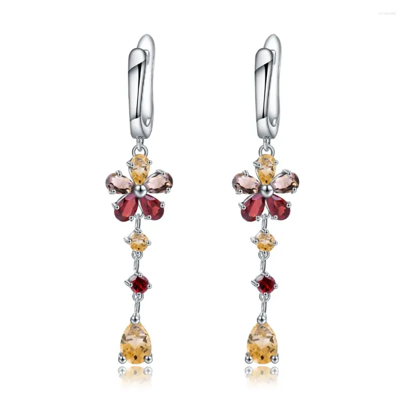 Dingle örhängen Gem's Ballet 925 Sterling Silver Flower Long For Women Natural Garnet Citrine Gemstone Drop Real Fine Jewelry