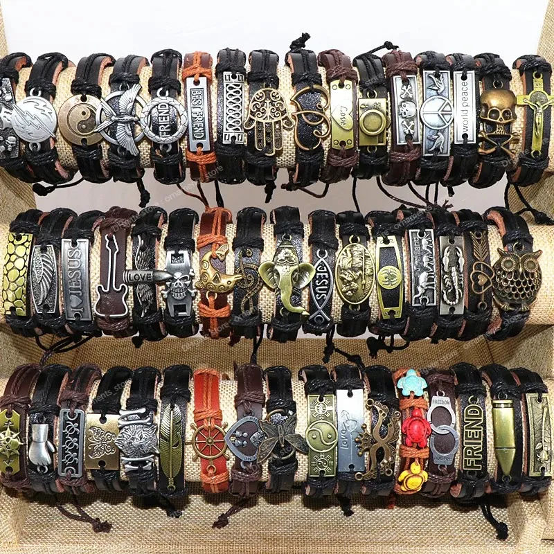 En gros 50 pcs/Lot Bracelets à breloques en cuir et en métal pour hommes Bracelets de manchette Vintage pour femmes cadeaux bijoux Style mixte bijoux de modeBangles Jewelry