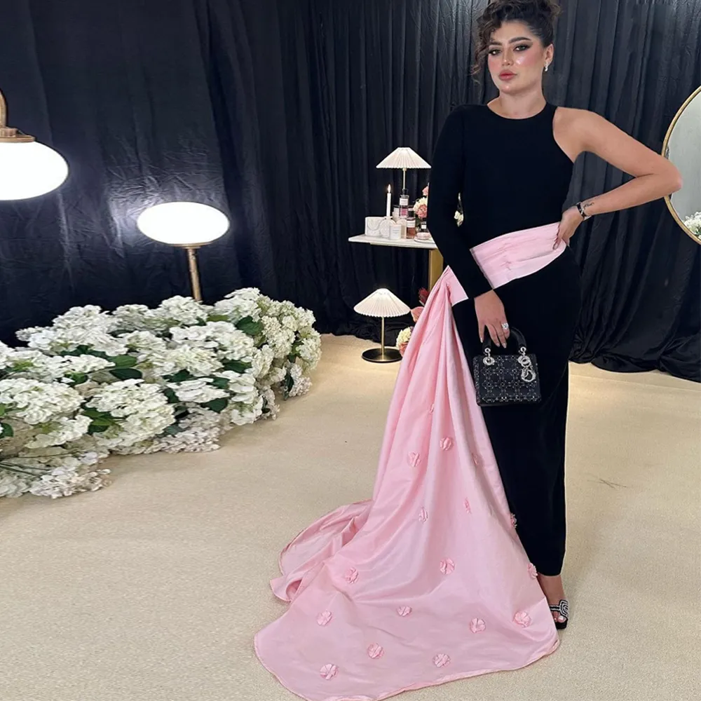 One Sleeve Black Evening Prom Dresses Pink Tail Appliques Satin Celebrity Dress Pleat Overskirt Females Birthday Party Gown