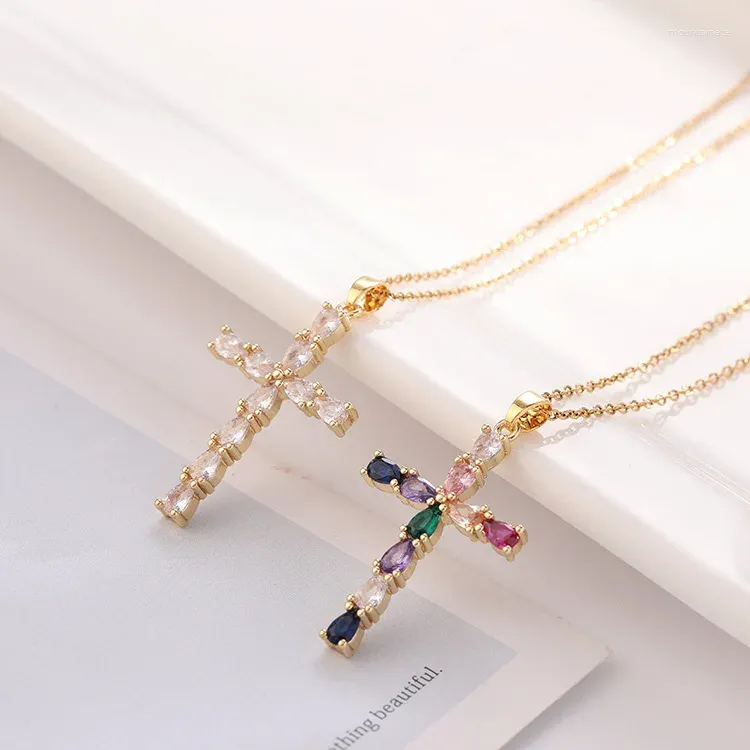 Pendant Necklaces Fashion Stainless Steel Women Multi-color Crystal Zircon Cross Necklace For Girl Chain Punk Party Jewelry