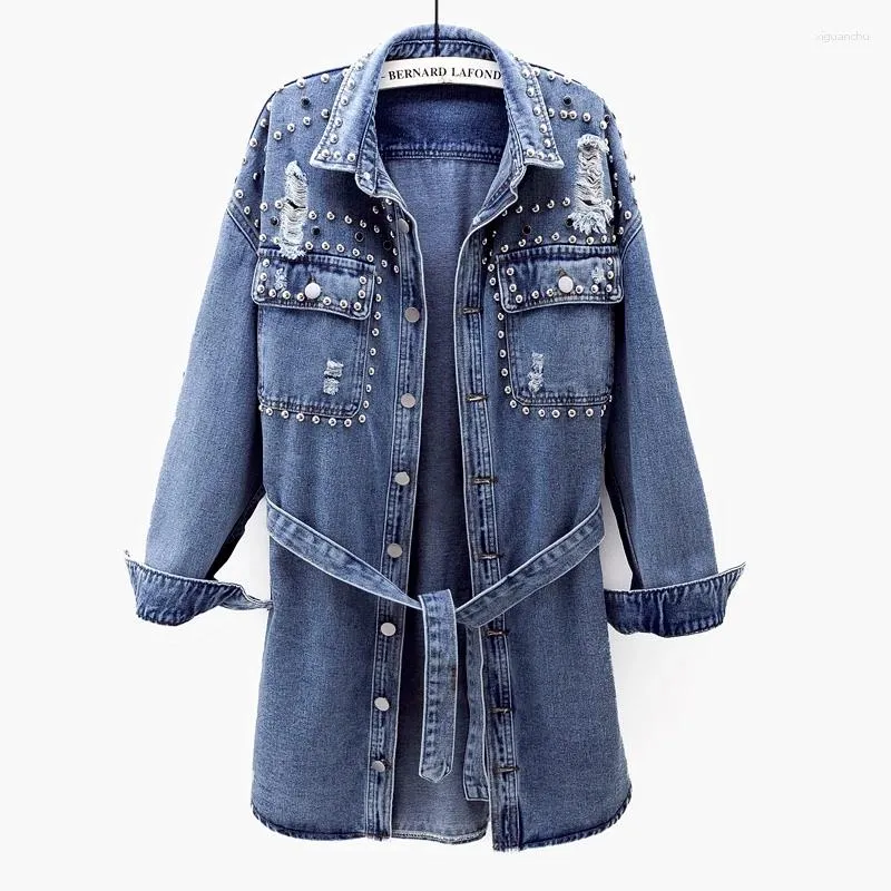 Kvinnors jackor 2023 Spring Autumncasual Long Coat Women Rivet Hole Denim Jacket Loose Plus Size Windbreaker Ladies Tops Tide 3XL