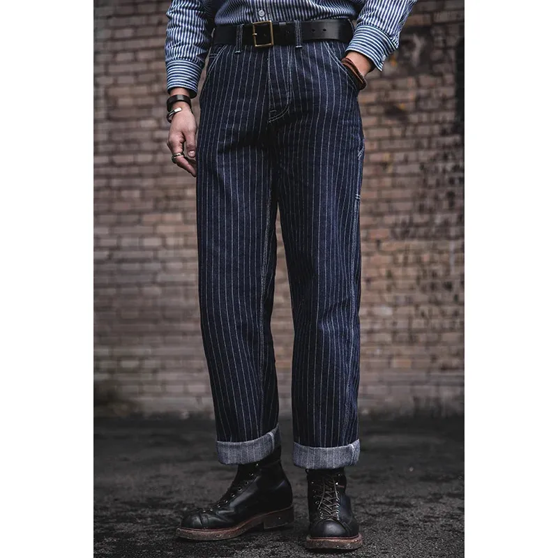 Men's Jeans Firmranch MenWomen American Vintage 90s Hommes Jeans For Men Striped Denim Jeans Amekaji Suspenders American Overalls Pants 231027