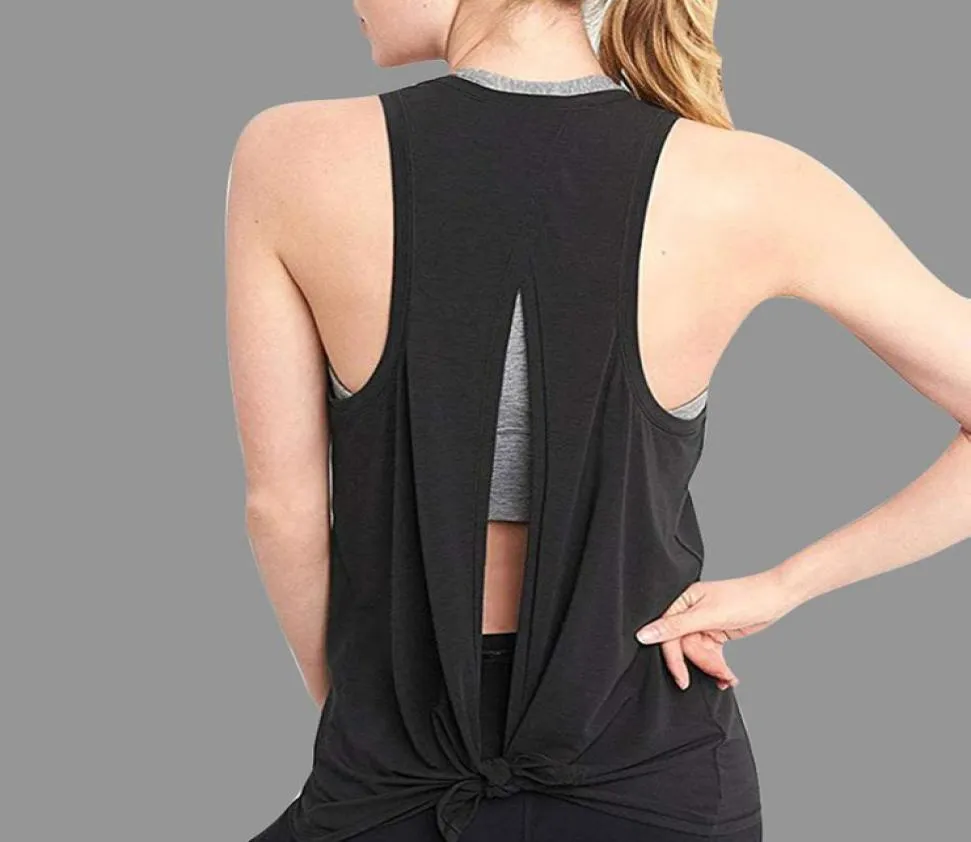 Yeni moda kadınlar seksi açık arka spor katı yoga gömlek kravat egzersiz racerback tank üstleri fitness üstleri kadın spor gömlekleri8447962