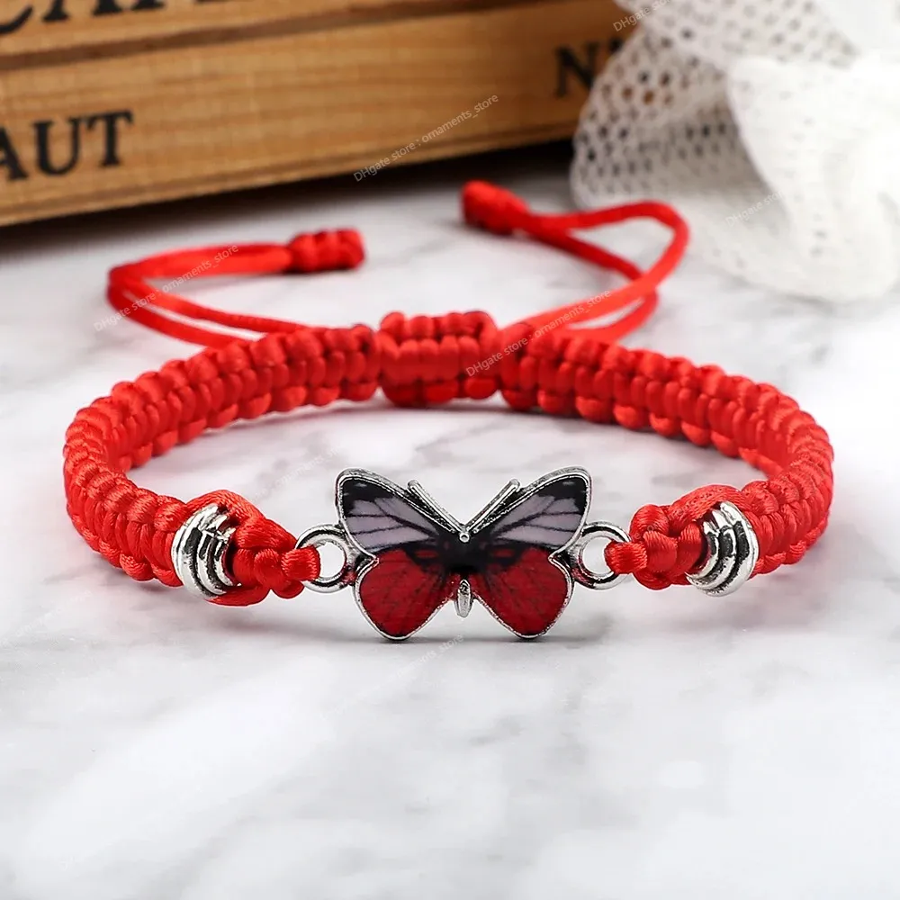 Pulseira de borboleta vermelha bracelete artesanal de corda trançada fios de moda ajustável pulseiras bangles women jóias sortudas para presentes jóias de moda jóias de moda